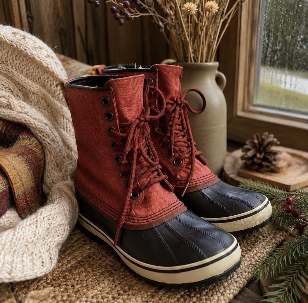 Sorel NL1717-645 Women’s 6.5 Waterproof Duck Boots Rust Red Canvas Lace Up